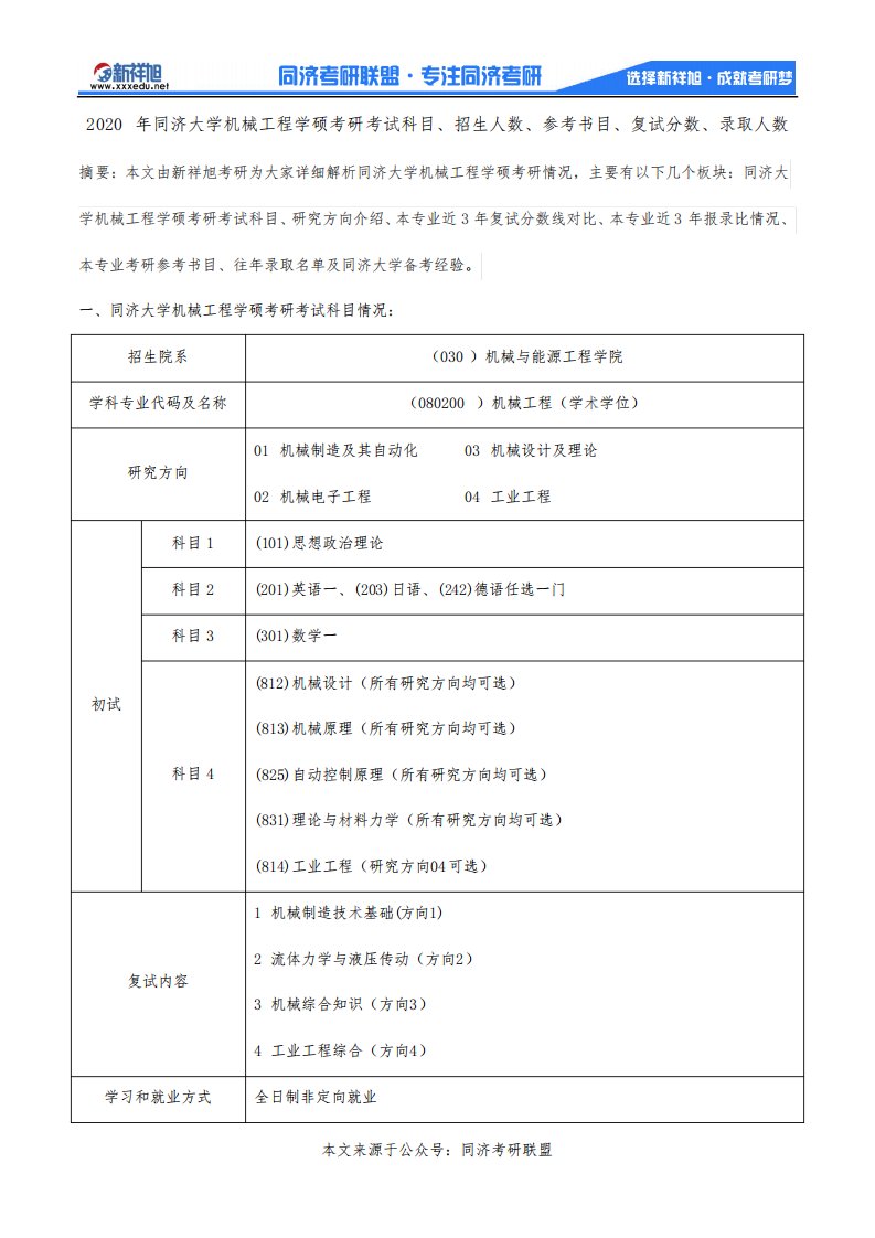 2020年同济大学机械工程学硕考研考试科目、招生人数、参考书目、复试分数、录取人数