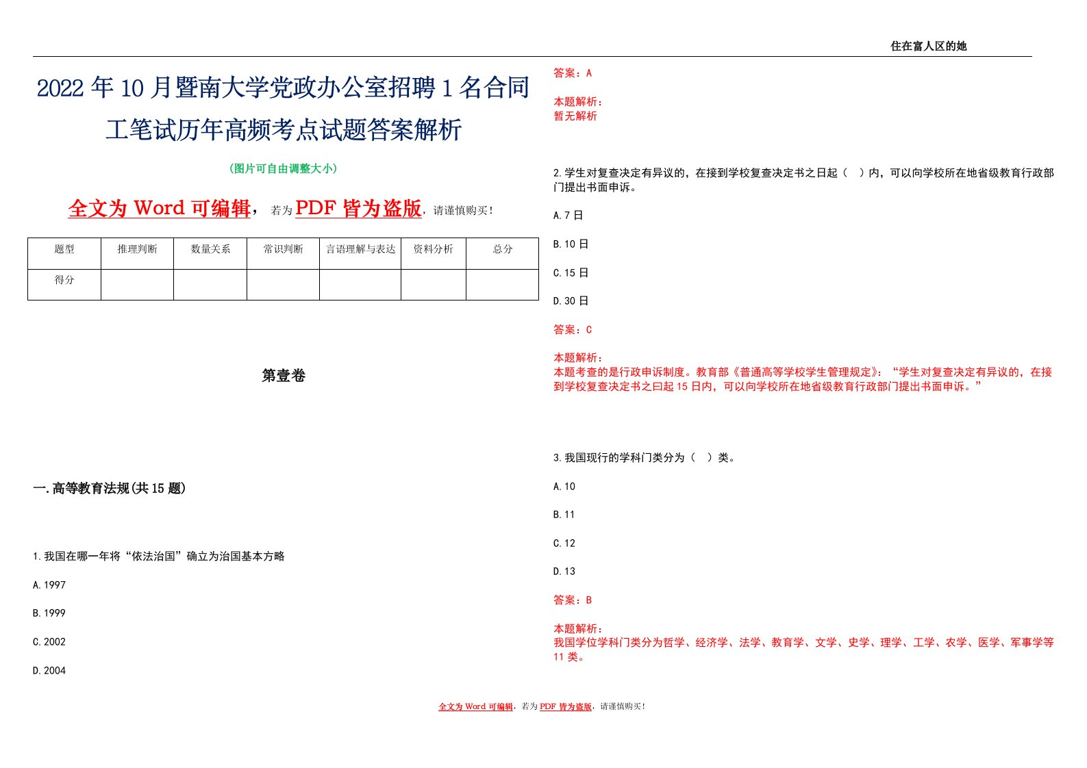 2022年10月暨南大学党政办公室招聘1名合同工笔试历年高频考点试题答案解析