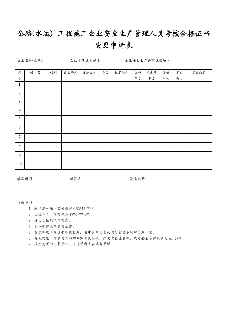 公路水运工程施工企业安全生产管理人员考核合格证书变更申请表