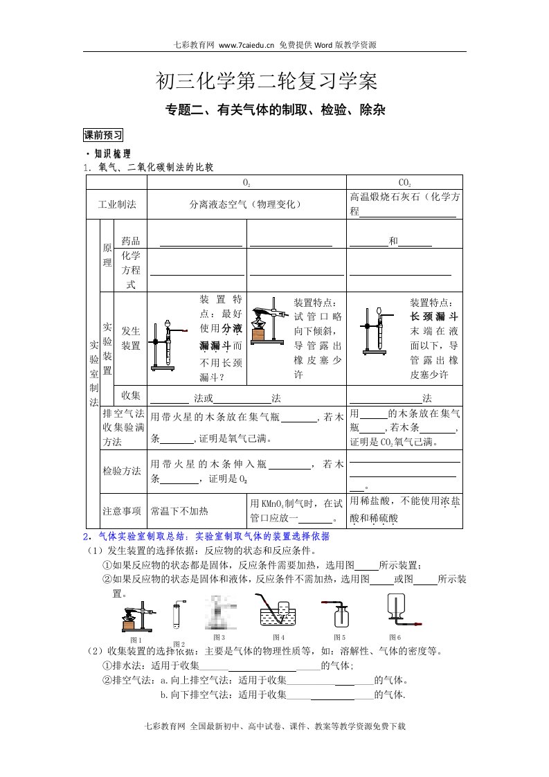 化学九年级人教新课标第二轮复习学案专题二、有关气体的制取、检