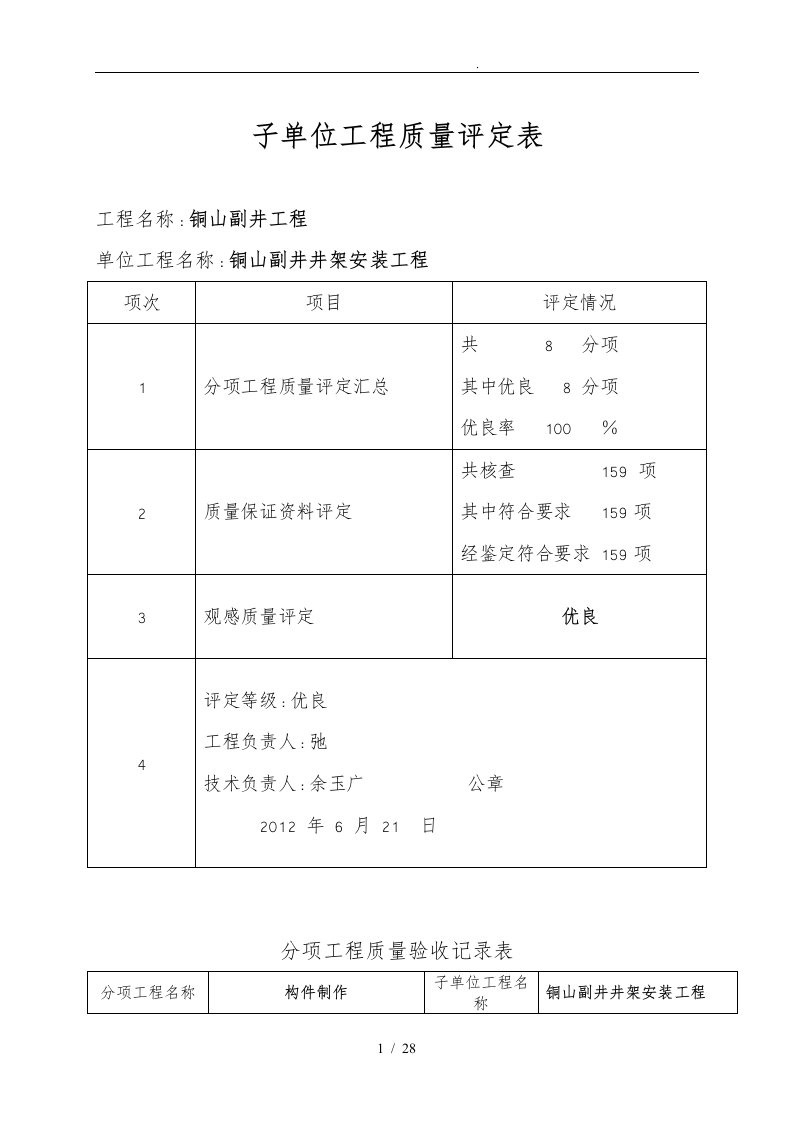 井架安装工程质量评定表