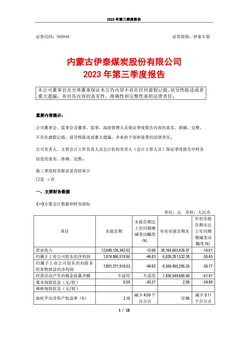 上交所-内蒙古伊泰煤炭股份有限公司2023年第三季度报告-20231030