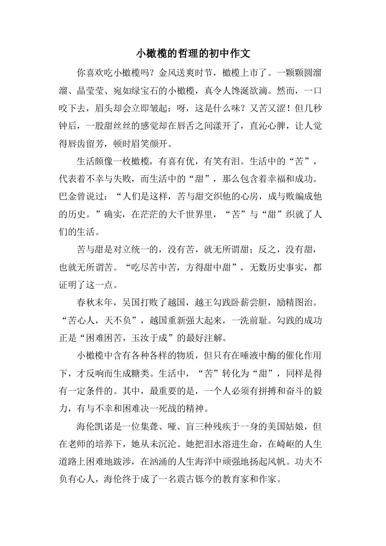 小橄榄的哲理的初中作文