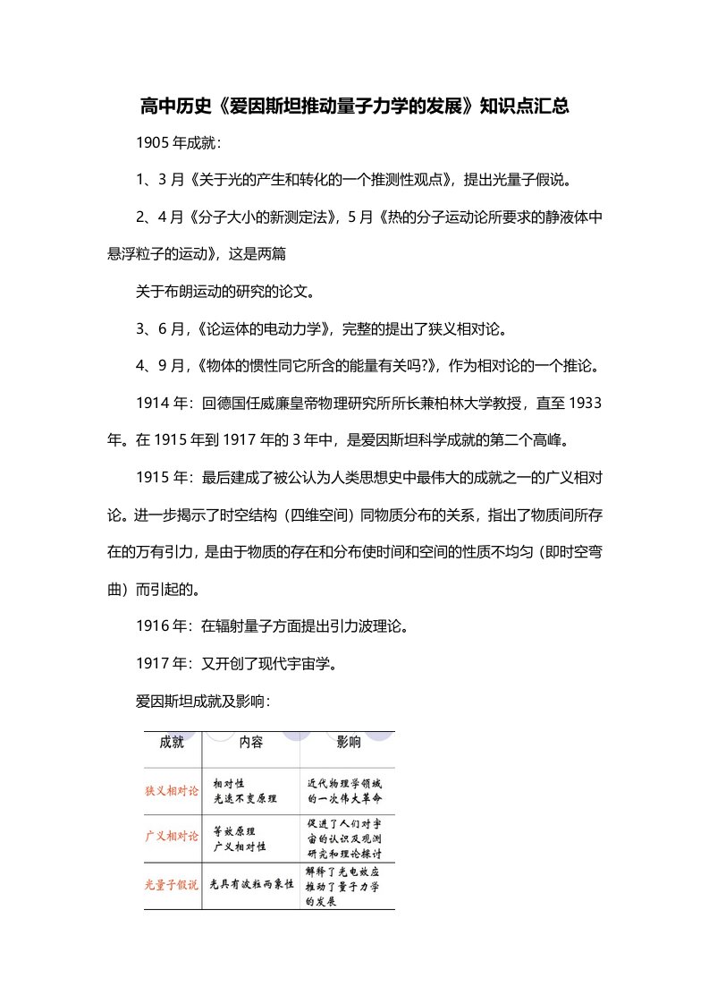 高中历史爱因斯坦推动量子力学的发展知识点汇总