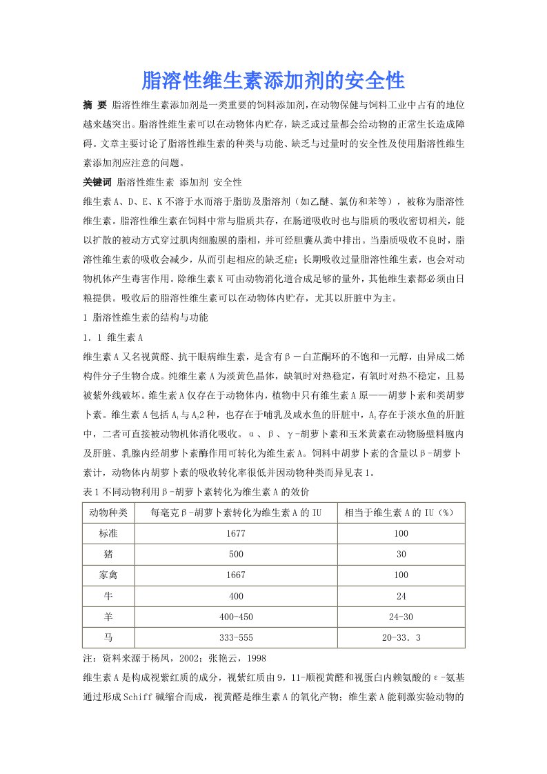 精选脂溶性维生素添加剂的安全性