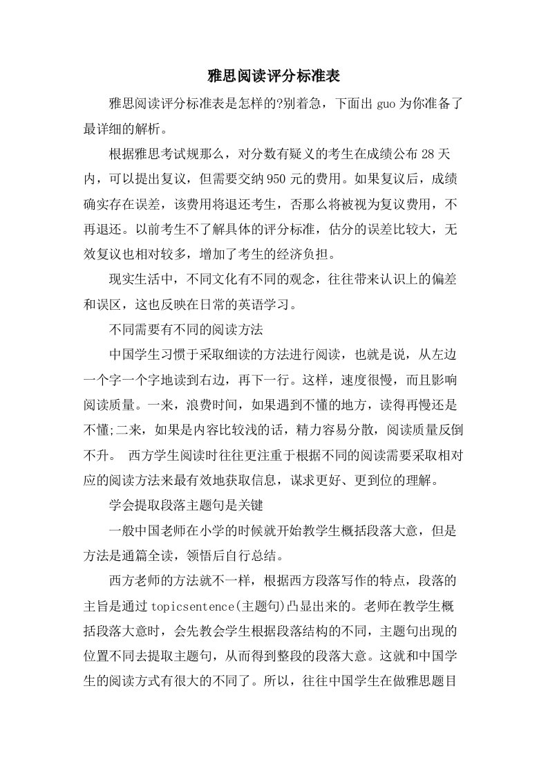 雅思阅读评分标准表