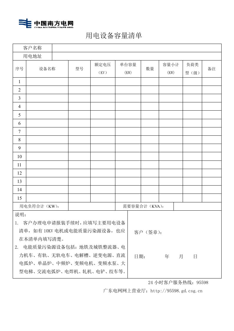 用电设备容量清单