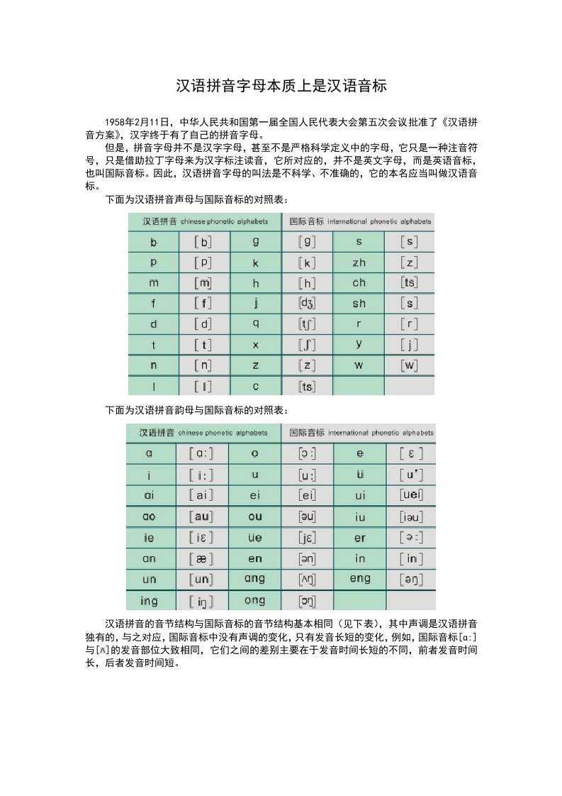 汉语拼音字母本质上是汉语音标