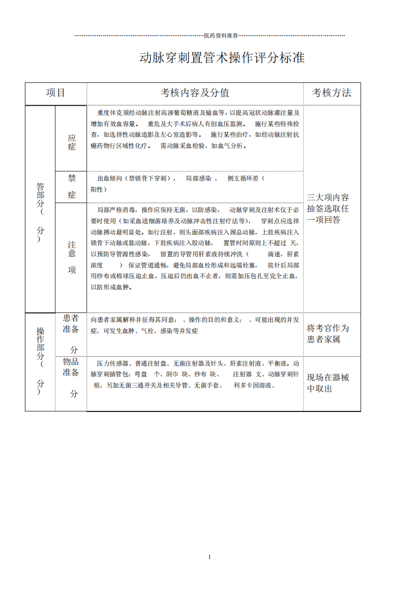 动脉穿刺置管术操作评分标准精编版