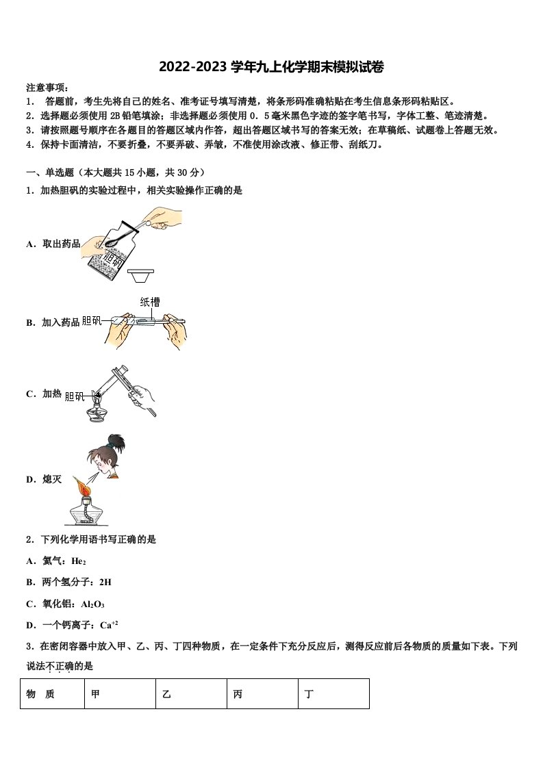 漳州市重点中学2022年九年级化学第一学期期末达标检测模拟试题含解析