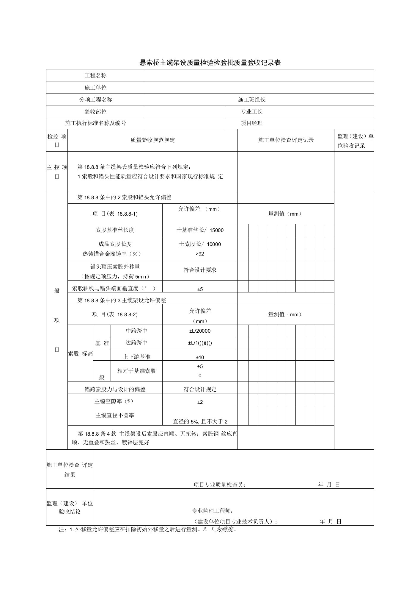 悬索桥主缆架设质量检验检验批质量验收记录表