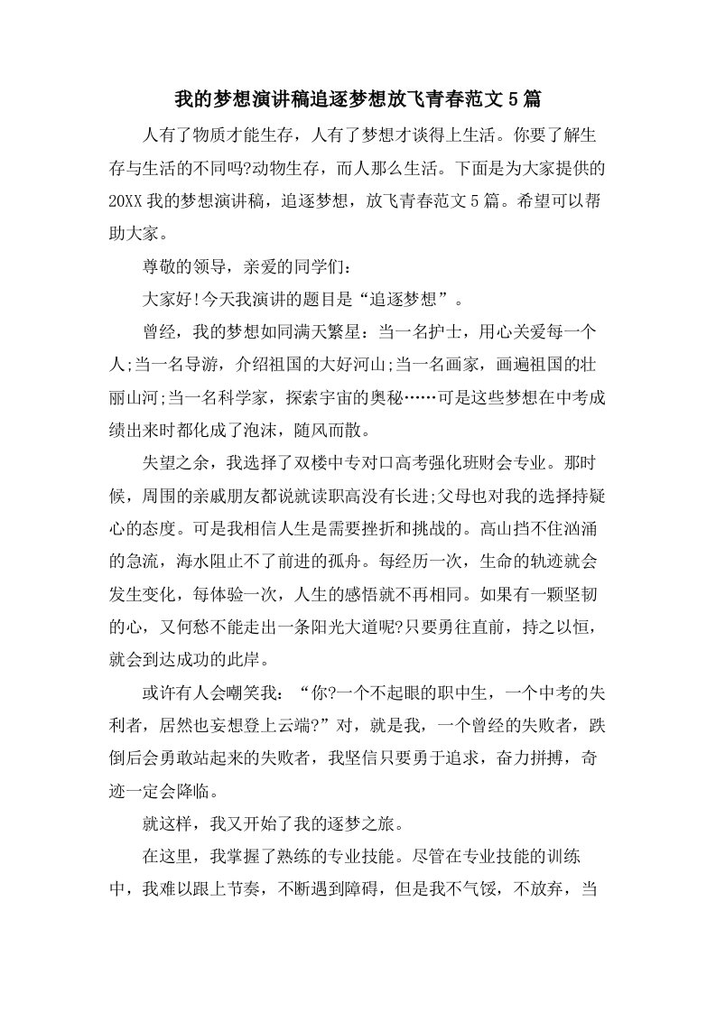 我的梦想演讲稿追逐梦想放飞青春范文5篇