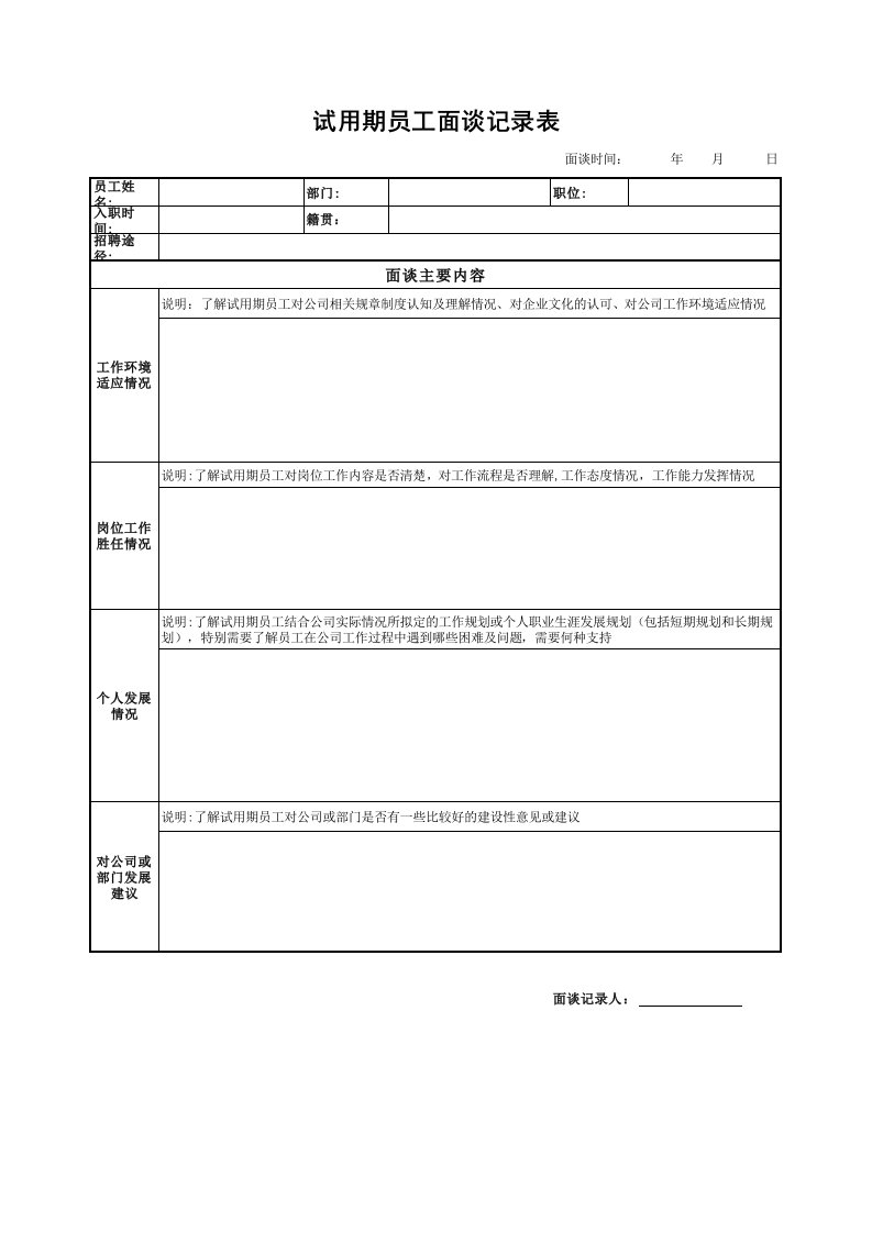 表格模板-试用期员工面谈记录表