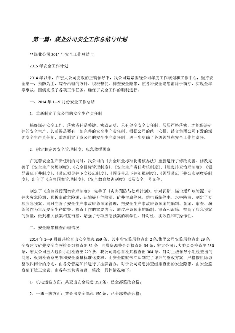 煤业公司安全工作总结与计划[修改版]