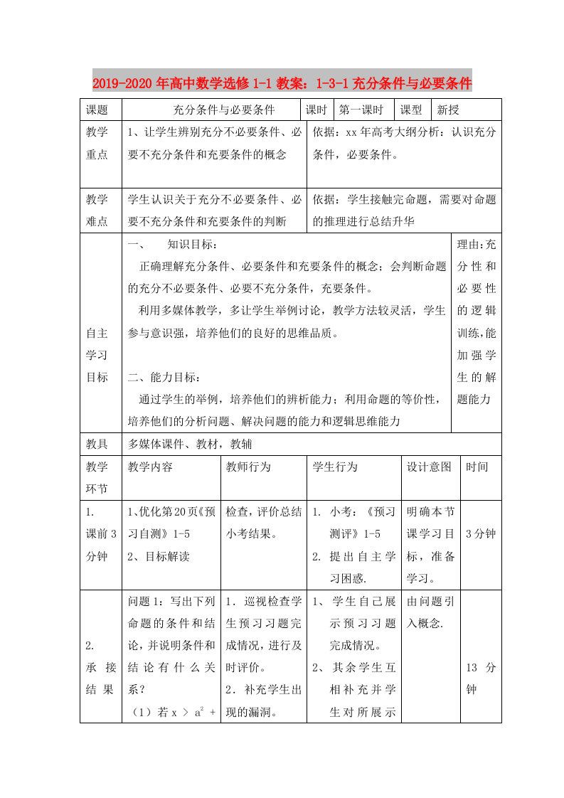 2019-2020年高中数学选修1-1教案：1-3-1充分条件与必要条件