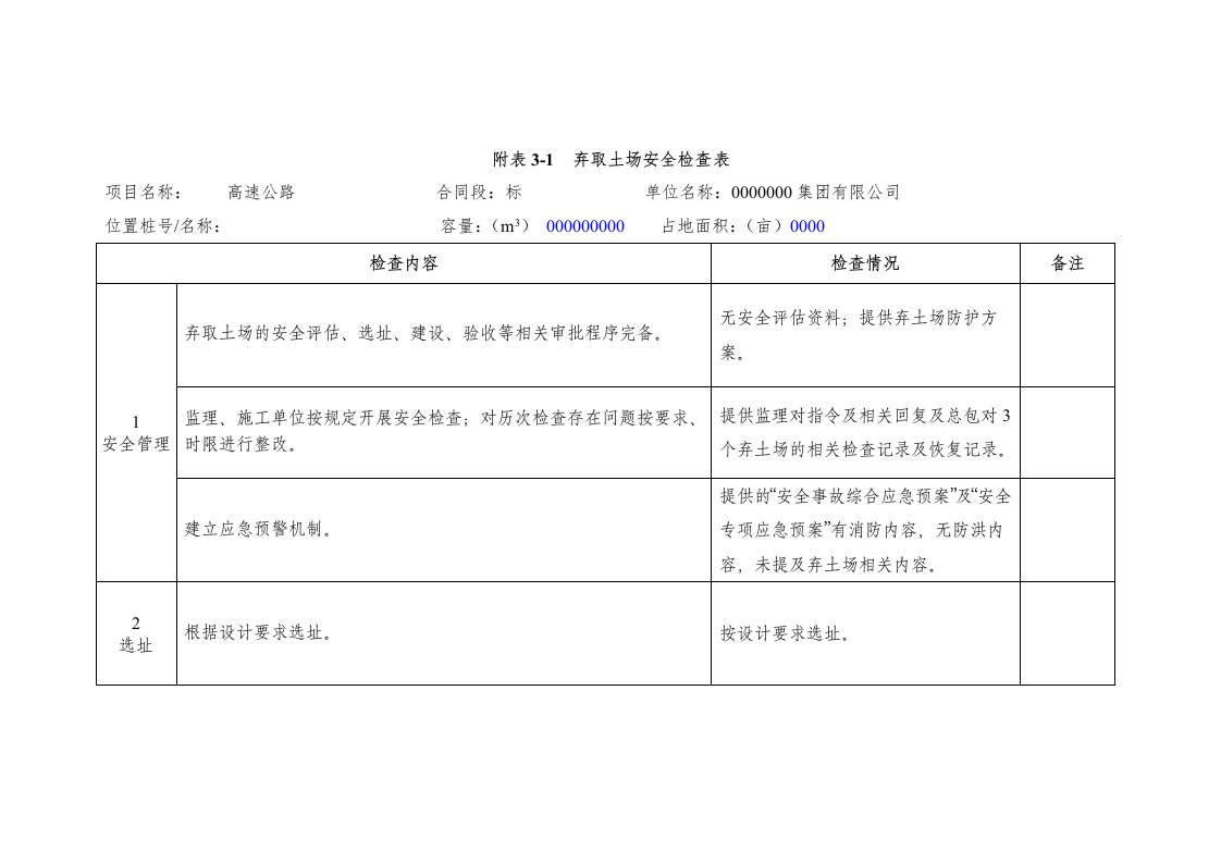 弃取土场安全检查表