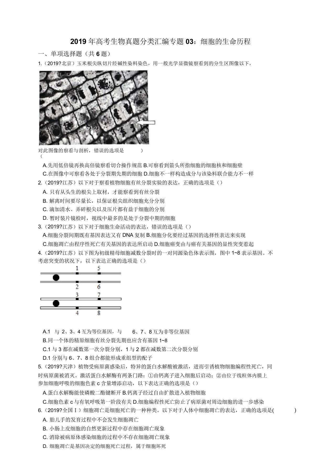 2019年高考生物真题分类汇编专题03细胞的生命历程