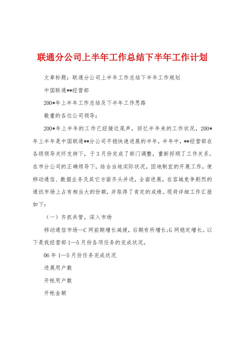 联通分公司上半年工作总结下半年工作计划