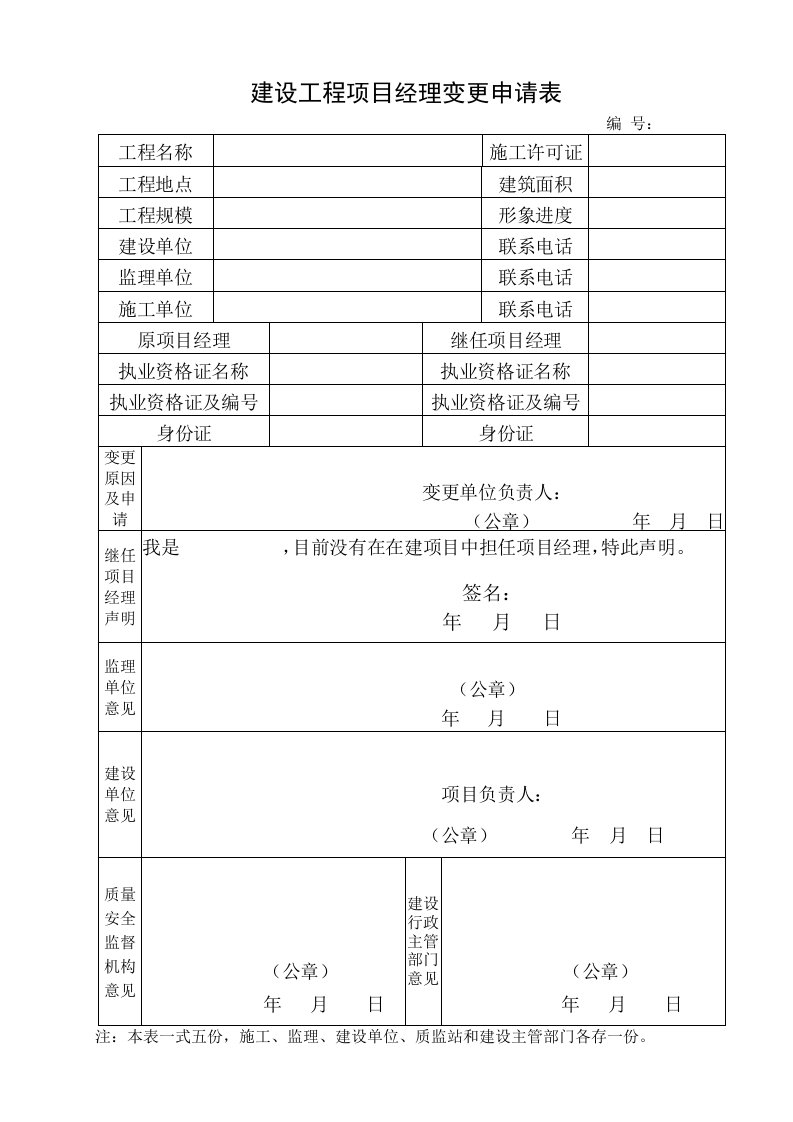 建设工程项目经理变更申请表