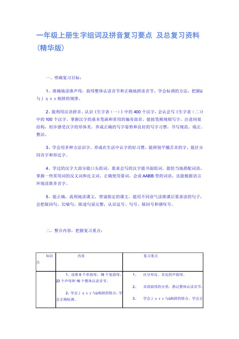 一级上册生字组词及拼音复习要点及总复习资料