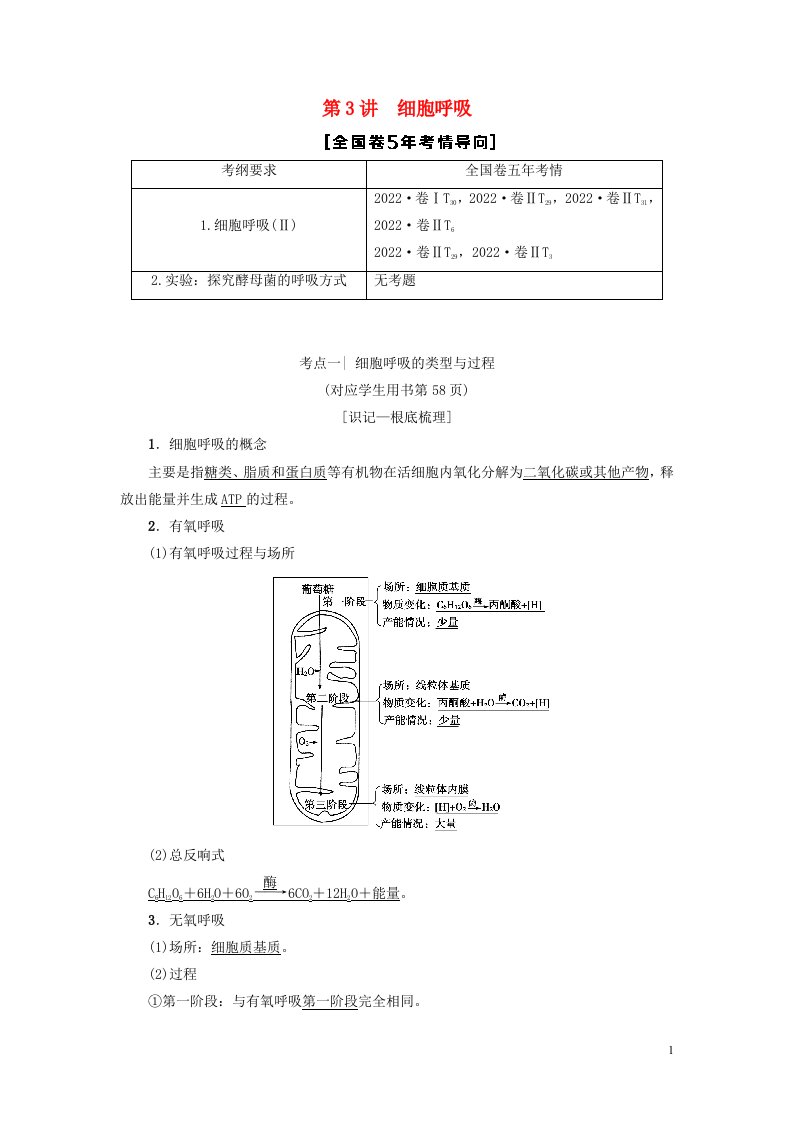 2022版高考生物一轮复习第3单元光合作用和细胞呼吸第3讲细胞呼吸学案苏教版