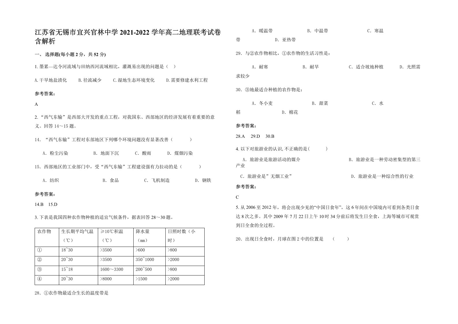 江苏省无锡市宜兴官林中学2021-2022学年高二地理联考试卷含解析