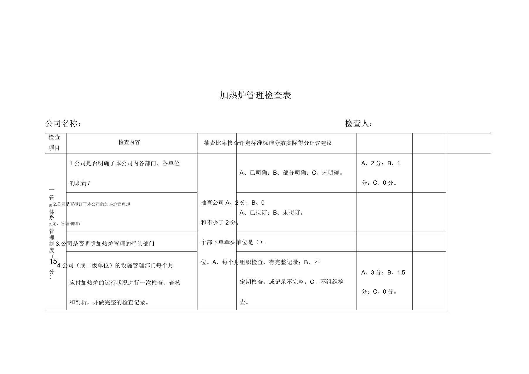 加热炉管理检查表