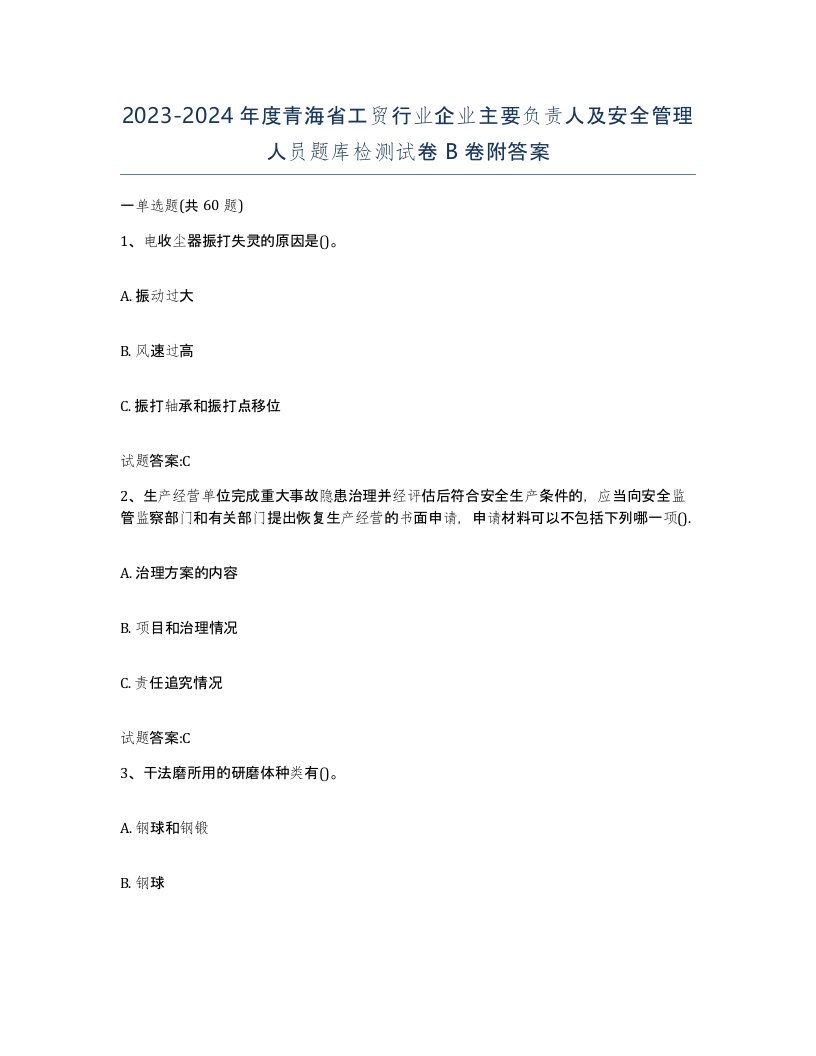 20232024年度青海省工贸行业企业主要负责人及安全管理人员题库检测试卷B卷附答案