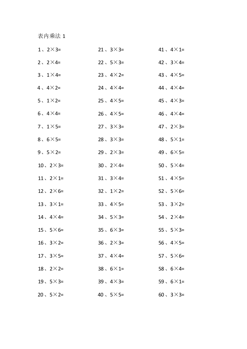 小学数学表内乘法第1~20篇（初级）