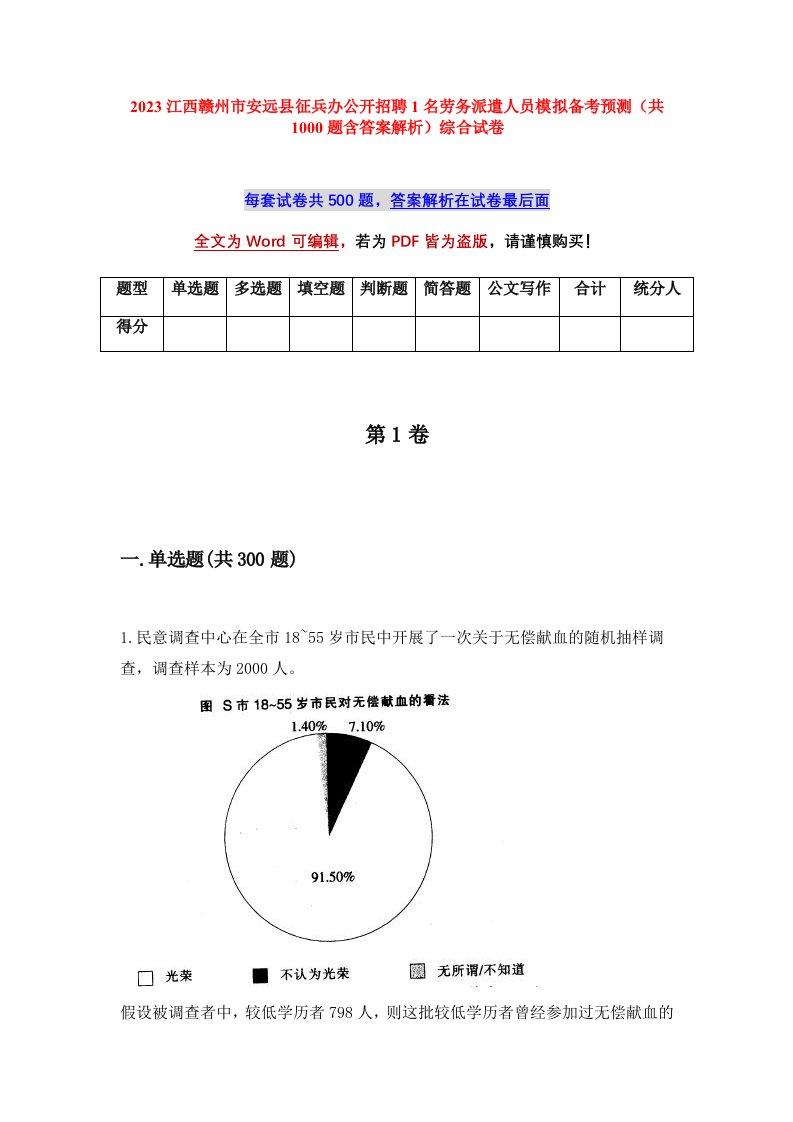 2023江西赣州市安远县征兵办公开招聘1名劳务派遣人员模拟备考预测共1000题含答案解析综合试卷