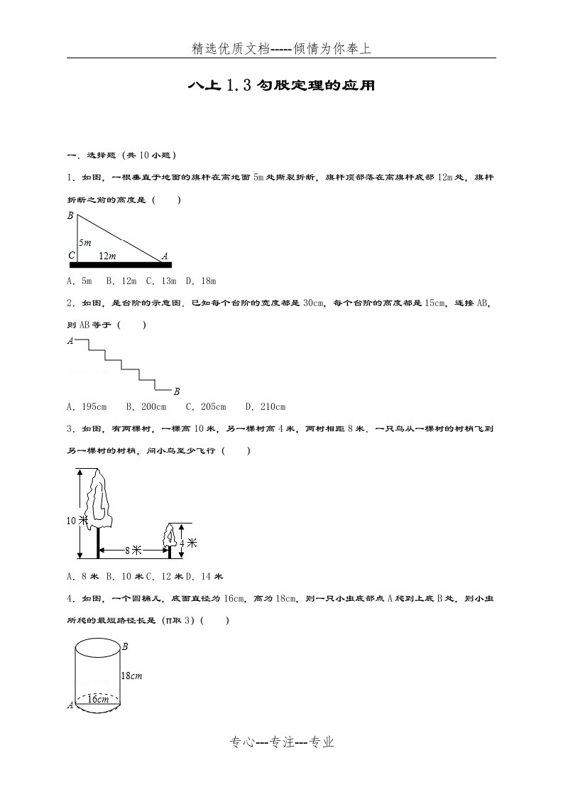 北师大版八年级数学上册《勾股定理的应用》同步练习题及答案解析(共29页)