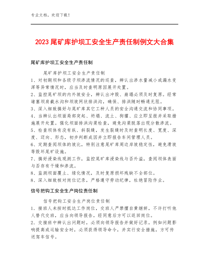 2023尾矿库护坝工安全生产责任制例文大合集