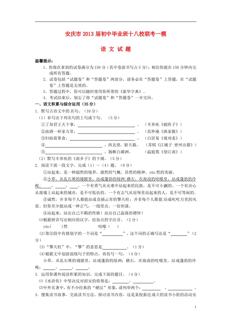 安徽省安庆市十八校2013届九年级语文3月一模联考试题新人教版