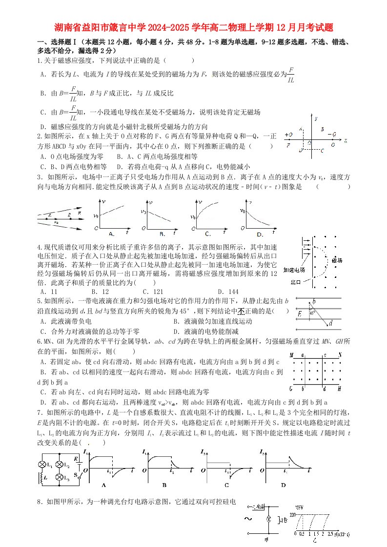 湖南省益阳市箴言中学2024-2025学年高二物理上学期12月月考试题