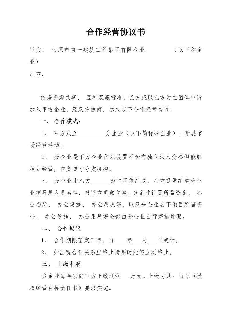 分公司合作经营协议书