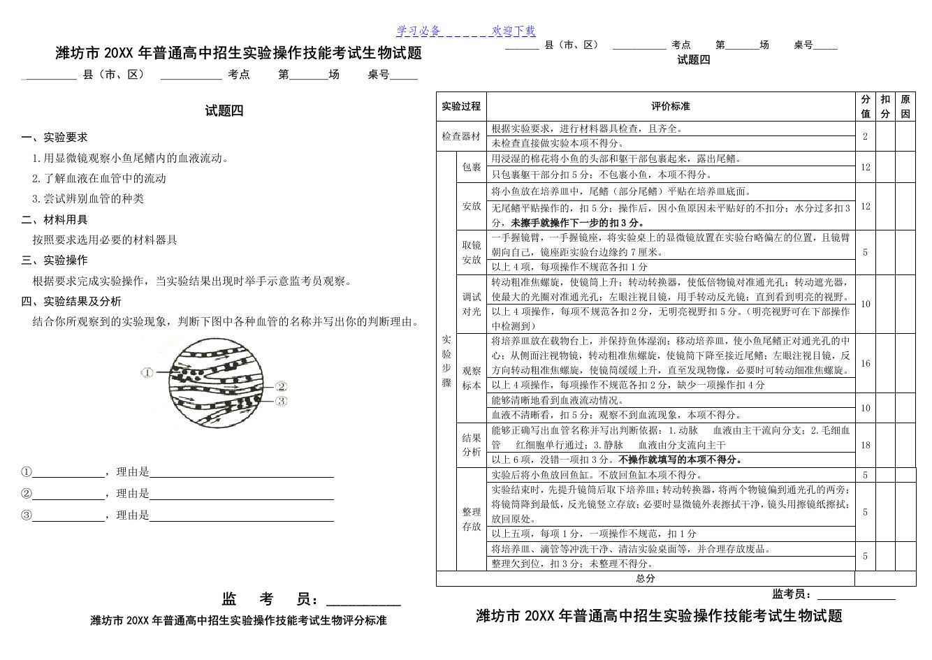 潍坊市普通高中招生实验操作技能考试生物试题和评分标准