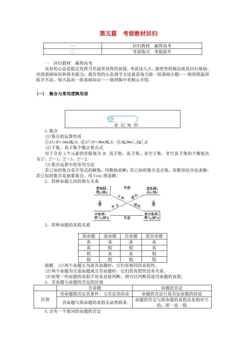 统考版2024高考数学二轮专题复习第五篇考前教材回归理