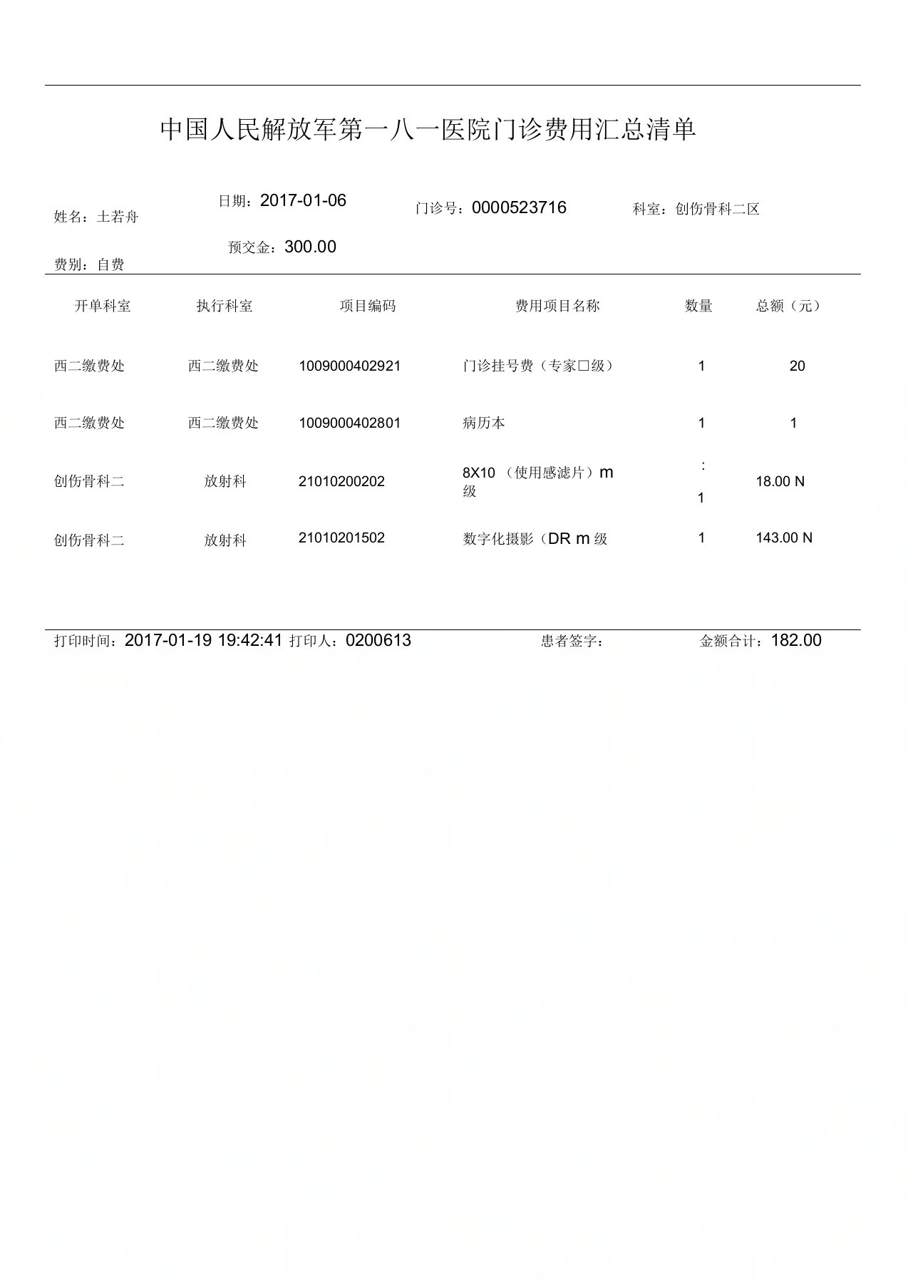 住院病人费用明细清单式样