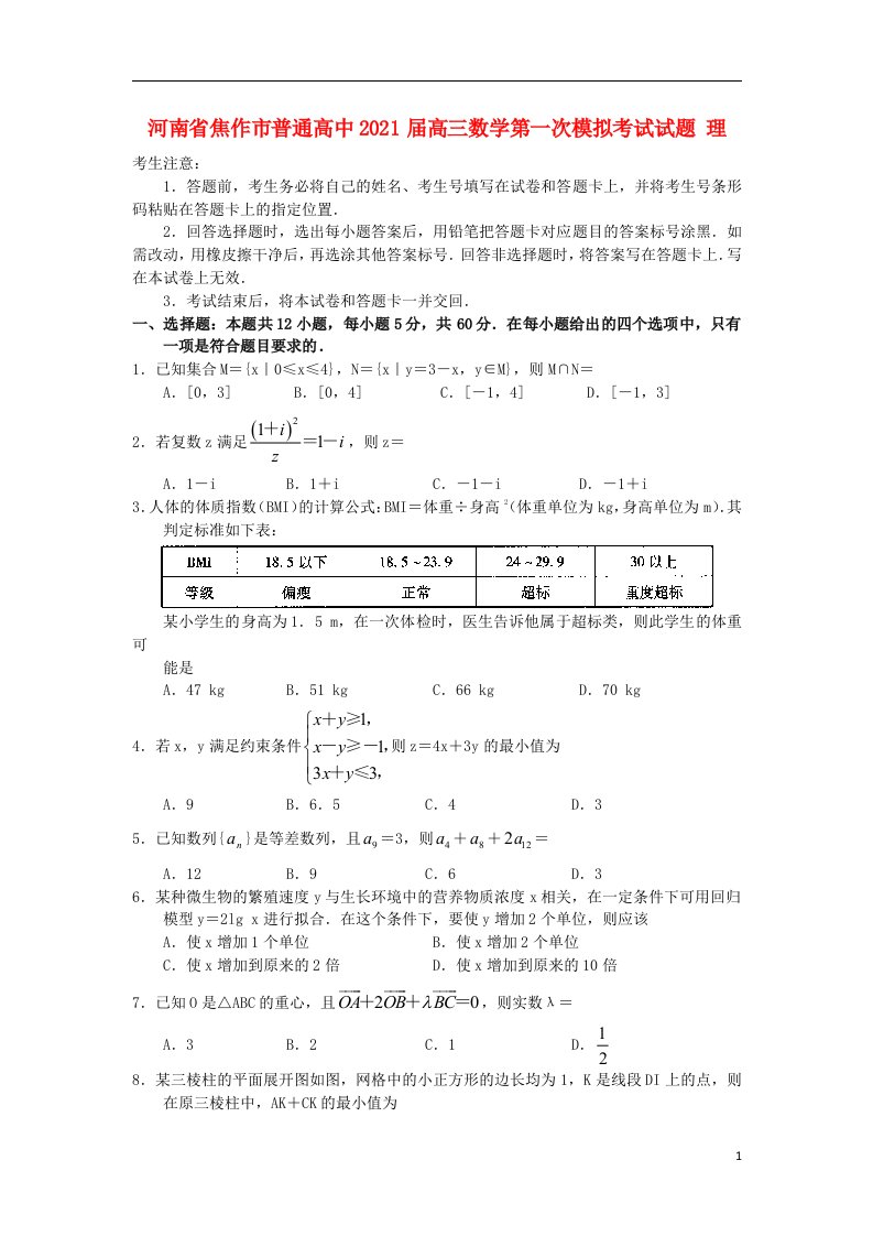 河南省焦作市普通高中2021届高三数学第一次模拟考试试题