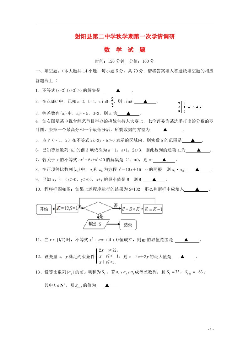 江苏省射阳县第二中学高二数学上学期第一次学情调研试题