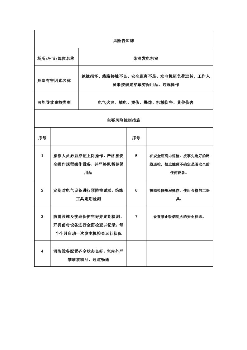 柴油发电机风险告知牌