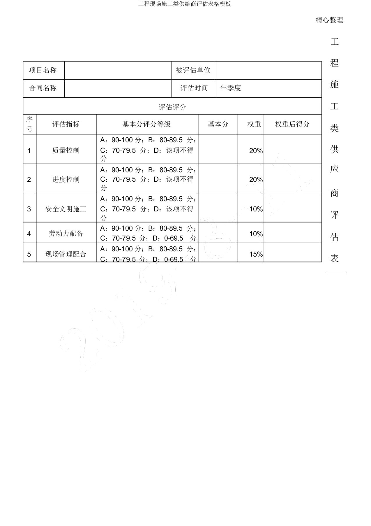 工程现场施工类供应商评估表格模板