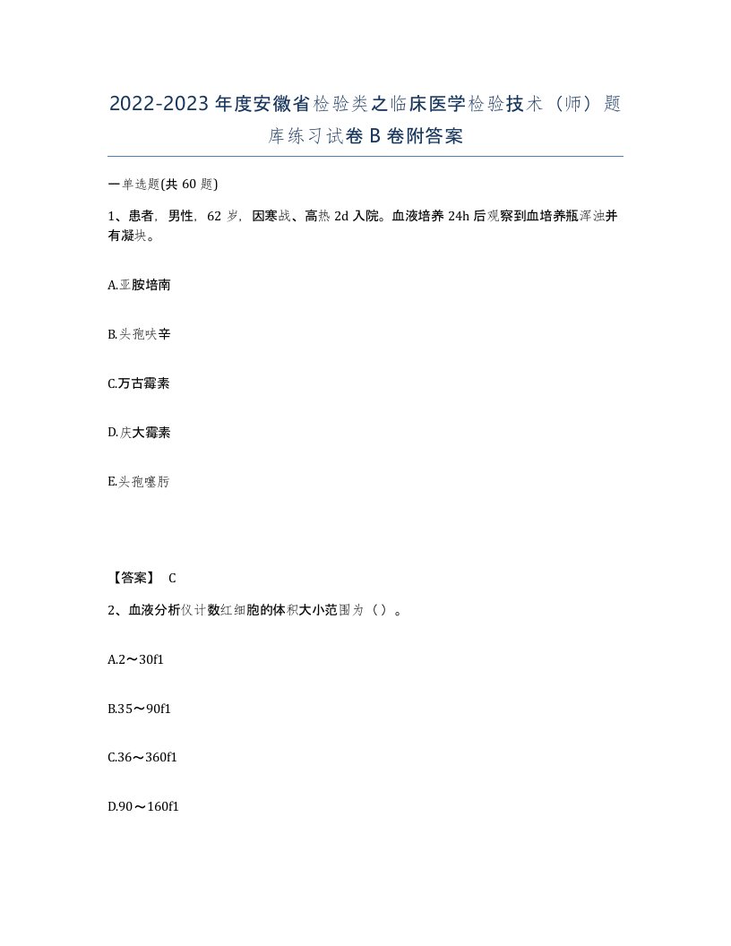 2022-2023年度安徽省检验类之临床医学检验技术师题库练习试卷B卷附答案