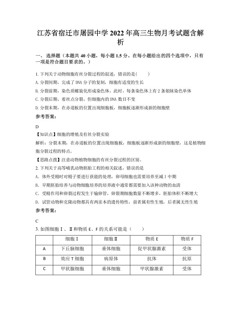 江苏省宿迁市屠园中学2022年高三生物月考试题含解析