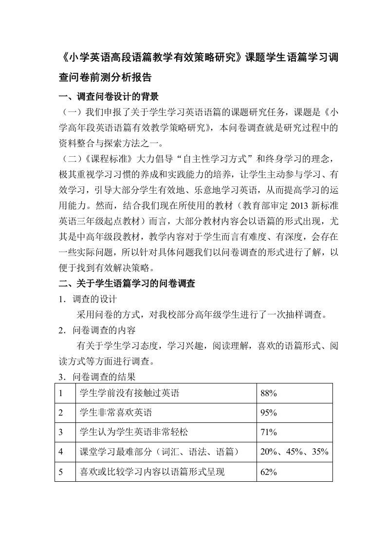 《小学英语高段语篇教学有效策略研究》课题学生语篇学习调查问卷前测分析报告