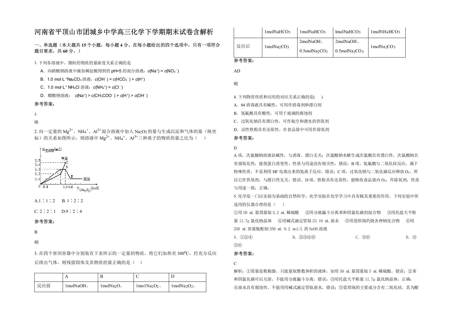 河南省平顶山市团城乡中学高三化学下学期期末试卷含解析