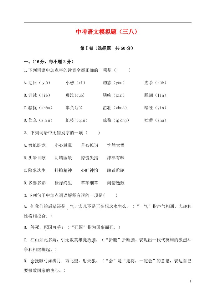 山东省泰安市中考语文模拟试题（三八）