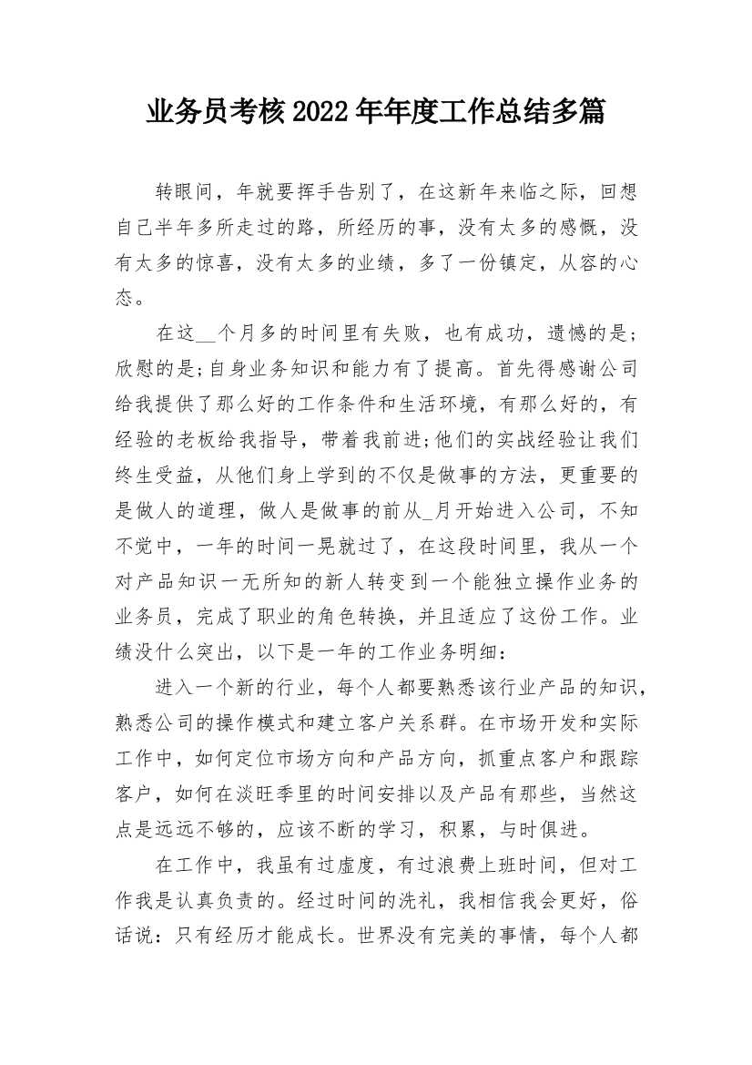 业务员考核2022年年度工作总结多篇