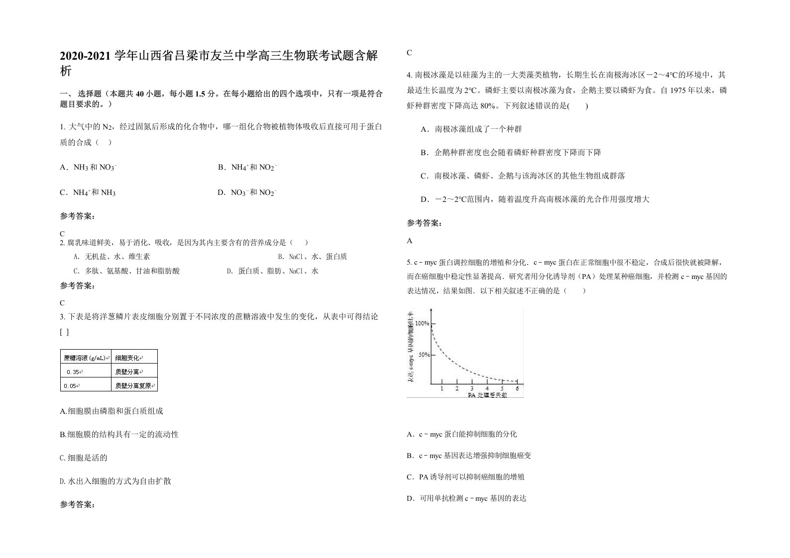 2020-2021学年山西省吕梁市友兰中学高三生物联考试题含解析