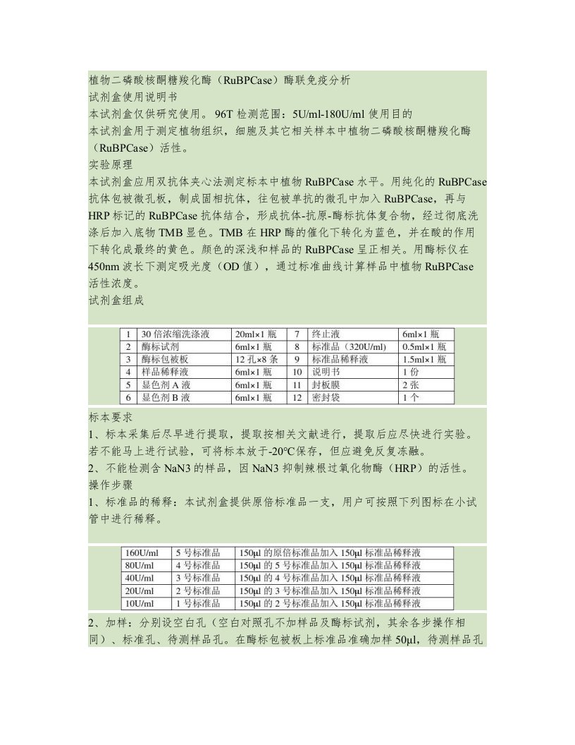 植物二磷酸核酮糖羧化酶(RuBPCase)酶联免疫分析试剂盒使用说明书